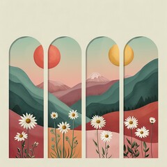 Minimalist abstract colorful clipart print set with mountains, sun, daisies. Softly organic simple lined bold shaped charming tiny core print vector style. Great as web banner, poster design.