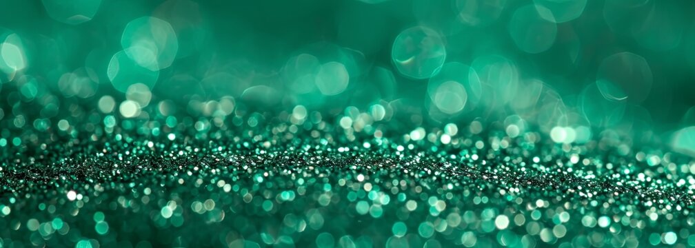 Abstract shiny green glitter background. Emerald green glitter wide horizontal background