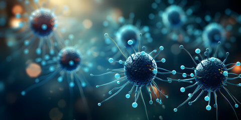 Virus Background. Microscopic View of Floating Virus Cells - obrazy, fototapety, plakaty