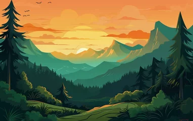Schilderijen op glas Illustration of a beautiful natural mountain forest landscape background © Harjo