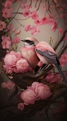Create a serene background featuring a mother bird nesting with her chicks, surrounded by blossoming flowers in shades of pink, with subtle rose gold highlights for a nurturing and tender touch.