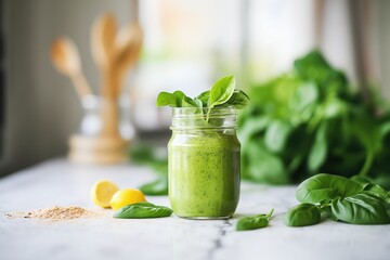 green smoothie in a jar, spinach leaves beside