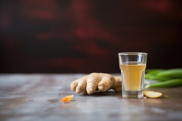 fresh ginger root next to a filled shot glass