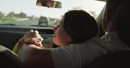 Relax woman, car and couple on road trip, street journey or summer travel for romantic adventure on Canada vacation. Vehicle, love and back of people driving on bonding holiday, anniversary or break