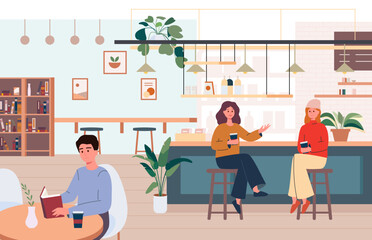 Vector illustration of a small cafe interior. Two girls sitting on bar stools are talking and drinking coffee, and a man at another table is reading a book. Shelves with different books and objects.