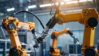 Large Production Line with Industrial Robot Arms at Modern Bright Factory. 
