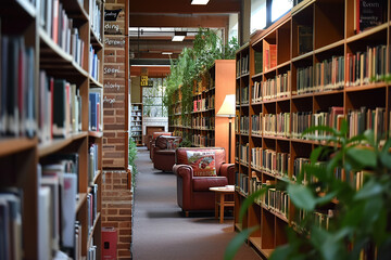 Serene ambiance of a reading room within a library. - obrazy, fototapety, plakaty