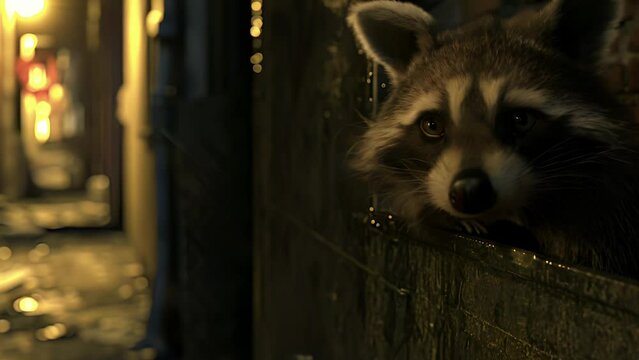 Closeup of a curious rac with its masked face and tiny paws peeking out from behind a dumpster in a dimly lit alleyway