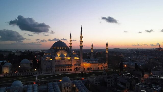 Ramadan Month Suleymaniye Mosque, Illuminated Letters Between Minarets (Mahya) Drone Video, Suleymaniye Fatih, Istanbul Turkiye (Turkey)