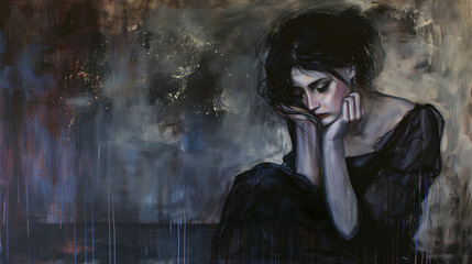 The sadness of a lady, heartbroken, grief, sorrow, mourning and depressed. Losing someone or something. 