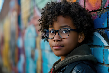 Child lifestyle portrait, african american boy with curly afro hairstyle wearing glasses standing against wall outdoors looking away
