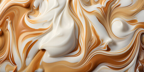 Cappuccino and Milk Foam Close up View. Creamy Caramel Sauce Background. Brown Chocolate Blending...