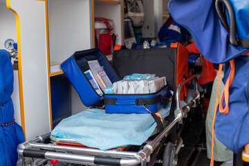 Inside view of an ambulance with medical gear