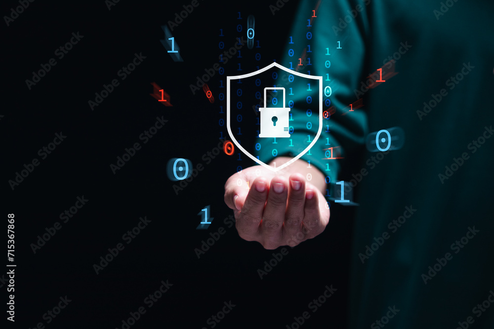 Poster businessman hold virtual cyber security technology for protecting personal data and secure internet 