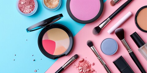 Makeup products and decorative cosmetics on color background flat lay. Fashion and beauty blogger concept. Top view. Copy space - obrazy, fototapety, plakaty