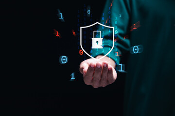 Businessman hold virtual cyber security technology for protecting personal data and secure internet access. Cybersecurity and privacy concepts to protect data.