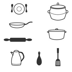 Obraz premium vector icon design set, minimalist bundle of cooking equipment in the kitchen, such as spoons, pans, saucers, knives and others