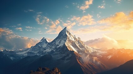 Himalayas Snow Mountains at Sunset Wallpaper Background Beautiful Nature Landscape Blue Sky Panorama Concept of Travel Eco Tour Hiking with Copy Space 16:9