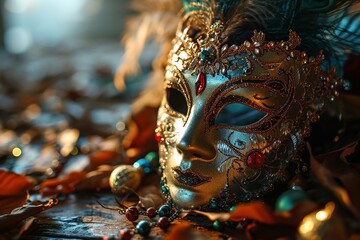 mardi gras mask, beads and feathers decor background - obrazy, fototapety, plakaty