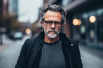 Portrait of a handsome mature man with gray hair and beard wearing black leather jacket and eyeglasses standing outdoors in the city.