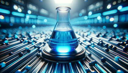 a blue-filled chemistry flask in extreme close-up