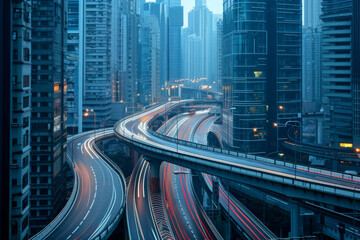 The highway slopes and turns through skyscrapers