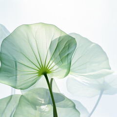 
big leaves of lotus on a white background, in the style of transparency and lightness, lightgreen and emerald green, Close-Up the leaves of lotus is a digital file with a clear overlay, elsa bleda
