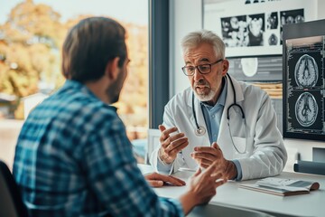 Elevated view of doctor explaining medical scan result with patient during medical consultation.