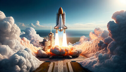  a space shuttle blasting off from its launchpad - obrazy, fototapety, plakaty