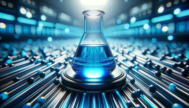a blue-filled chemistry flask in extreme close-up