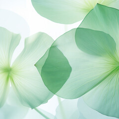 Fototapeta na wymiar big leaves of lotus on a white background, in the style of transparency and lightness, lightgreen and emerald green, Close-Up the leaves of lotus is a digital file with a clear overlay, elsa bleda