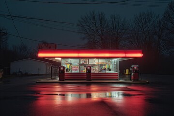 Gas Station Exterior Night Lights. - obrazy, fototapety, plakaty