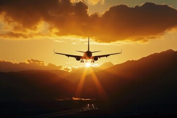 Naklejka premium Golden takeoff towards a sustainable future, airplane soaring at sunset with mountains.