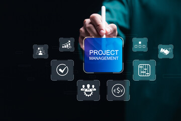 Project management concept. Businessman touch virtual screen of business project, Management of work improvement projects and progress in planning business strategies.