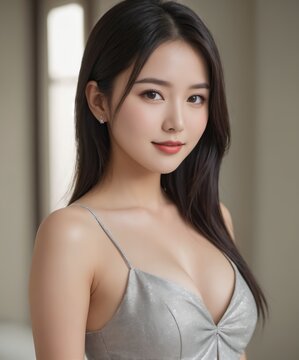 attractive asian woman in a silver dress posing for a picture 