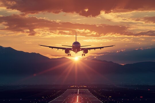 Golden takeoff towards a sustainable future, airplane soaring at sunset with mountains.