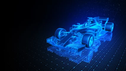 Rolgordijnen 3D Wireframe Illustration of Formula One Car With Orange Blue Background © Faizul