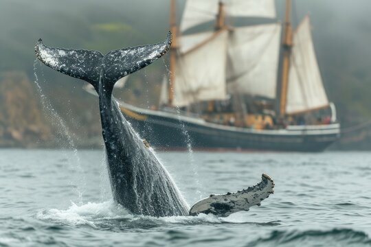 Humpback Whale dives in front of Ship.