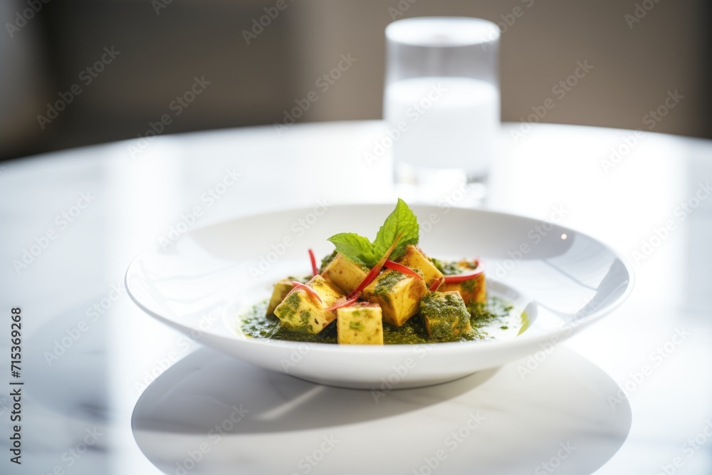 Sticker palak paneer with fried paneer cubes as topping