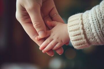 Mother uses her hand to hold her baby's tiny hand to make him feeling her love, warm and secure. 