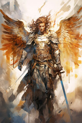 Artistic depiction of the Archangel Michael in watercolor style, with dynamic brush strokes.