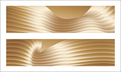 Wavy golden parallel gradient lines, ribbons, silk. Golden with shades of yellow background, banner, poster. Set of 2 backgrounds. Eps vector