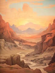 Ancient Desert Landforms: Vintage Valley Landscape in Golden Hues.