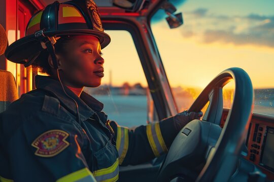 Side view of a Black female airport firefighter sitting in a fire truck using a CB station while driving towards an emergency location at the airport runway. 