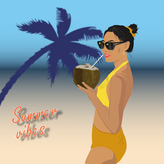 woman on the beach with coconut