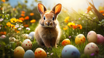 Easter Delight: Charming Rabbit Among Colorful Eggs in a Lush Spring Meadow Bathed in Golden Light - obrazy, fototapety, plakaty