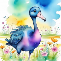 Dodo watercolor painting. Colorful extinct bird standing among flowers on tropical island field landscape. Raphus cucullatus cute funny cartoon style ai generated illustration.