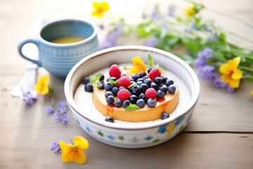vegan tofu pudding in bowl with berries