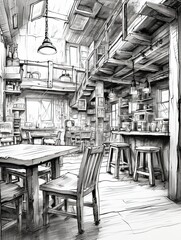 Atmospheric Coffee Shop Sketches: Handmade Drawing of Artisanal Cafe Scene