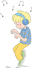Cheerful boy dancing while listening to music on headphones.